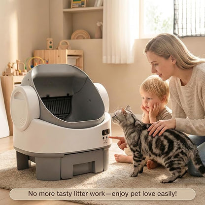 WARCAT Self-Cleaning Cat Litter Box, Open-Top Automatic Litter Box with Child Lock, 10L Large Capacity Waste Drawer, No APP Required, Includes Garbage Bags & Cleaning Mat (Gray & White)