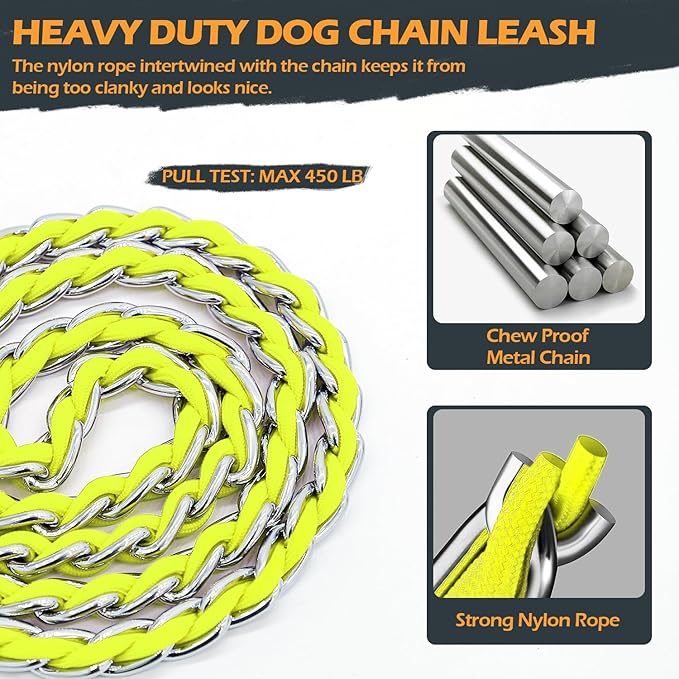 Chain Dog Leash Chew Proof Metal Leash for Medium Large Dogs, Chain Link Dog Anti Chew 5.2FT / 4FT Strong Anti Bite Comfortable Soft Padded Handle (Yellow, 5FT(30-80lb)