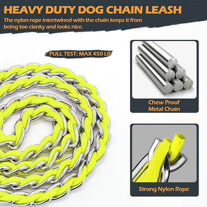Chain Dog Leash Chew Proof Metal Leash for Medium Large Dogs, Chain Link Dog Anti Chew 5.2FT / 4FT Strong Anti Bite Comfortable Soft Padded Handle (Yellow, 5FT(30-80lb)