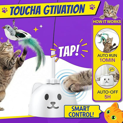 Interactive Cat Toys for Indoor Cats: Upgraded 360° Automatic Spin Flying Bird Feather Wand with Silicone Protected Rod Safe Play, Strong 8cm Suction Cup, USB-Rechargeable for Bored Kittens and Adult