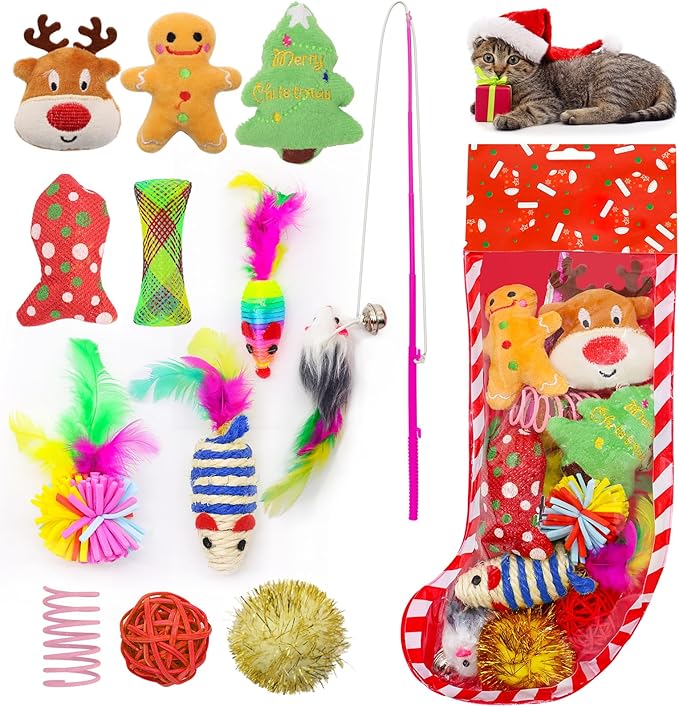 12Pcs Christmas Stocking Cat Toys, Xmas Cat Toys Set with Catnip Plush Toy, Mice Feather Toys, Cat Wand, Pet Supplies for Kitten Toys Interactive Play Indoor Cats Christmas Decorations