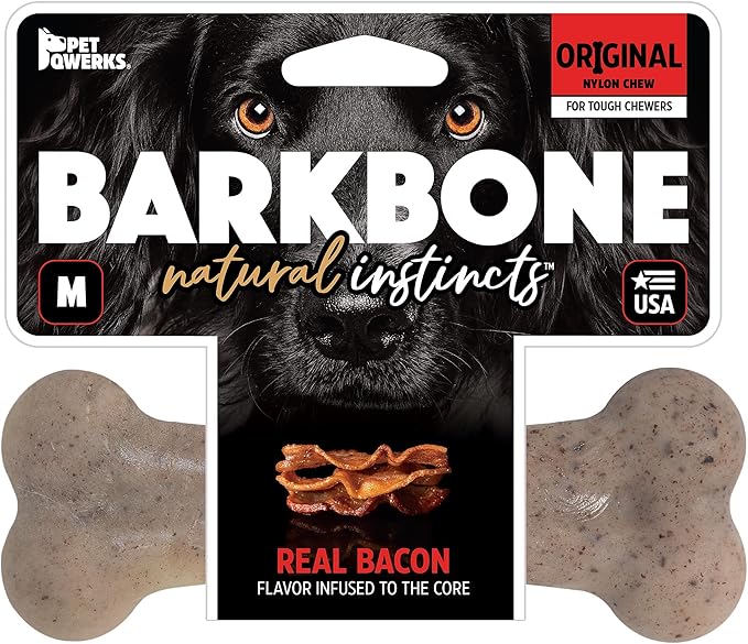 Pet Qwerks Original BarkBone Nylon Dog Bone Durable Dog Chew Toy for Aggressive Chewers - Bacon Flavor - 6.1", Made in USA