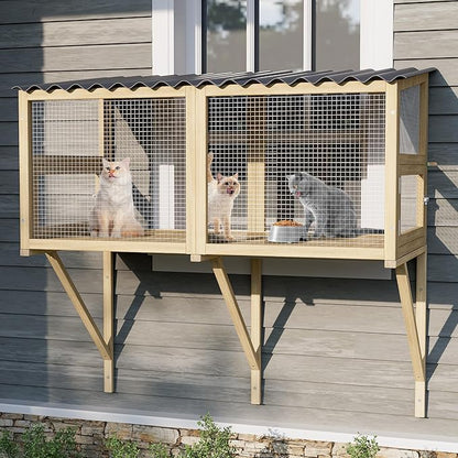 Cat Catio, Cat Window Perch for Large Cats - Catio Outdoor Cats Enclosure Windows, Patio Window Box Hommock for Sunbathing, Napping, Outside Wooden Catios for Indoor Kittens (Burlywood)
