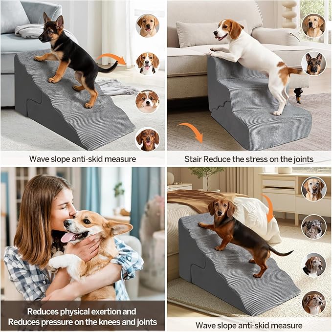 Pet Dog Stairs for Small Dogs, 2 in 1 Transformable 3-Step Pet Stairs and Wave Anti-Fall Slope for Short Legs and Long Legs Dog, for Couch (12-19 in) with Durable Non-Slip Waterproof Cover（Grey）