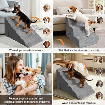 Pet Dog Stairs for Small Dogs, 2 in 1 Transformable 3-Step Pet Stairs and Wave Anti-Fall Slope for Short Legs and Long Legs Dog, for Couch (12-19 in) with Durable Non-Slip Waterproof Cover（Grey）