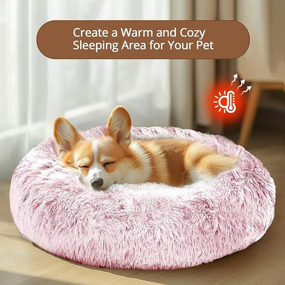 JOLLYVOGUE Calming Dog Beds Large Sized Dog, 36in Donut Washable Large Pet Bed, Anti-Slip & Anti-Anxiety Fluffy Faux Fur Round Dogs Bed, Fits up to 80 lbs Pets (Smoke Pink)