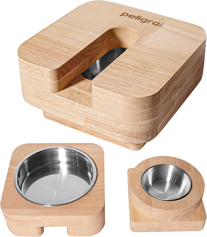 3 in 1 Cat Feeder Bowl, Interactive Cat Slow Feeder, Unique Wooden Non-Slip Pet Food and Water Bowl Dishes