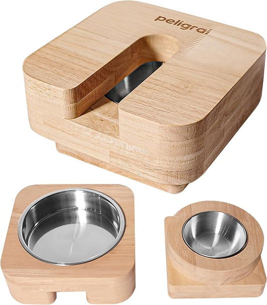 3 in 1 Cat Feeder Bowl, Interactive Cat Slow Feeder, Unique Wooden Non-Slip Pet Food and Water Bowl Dishes