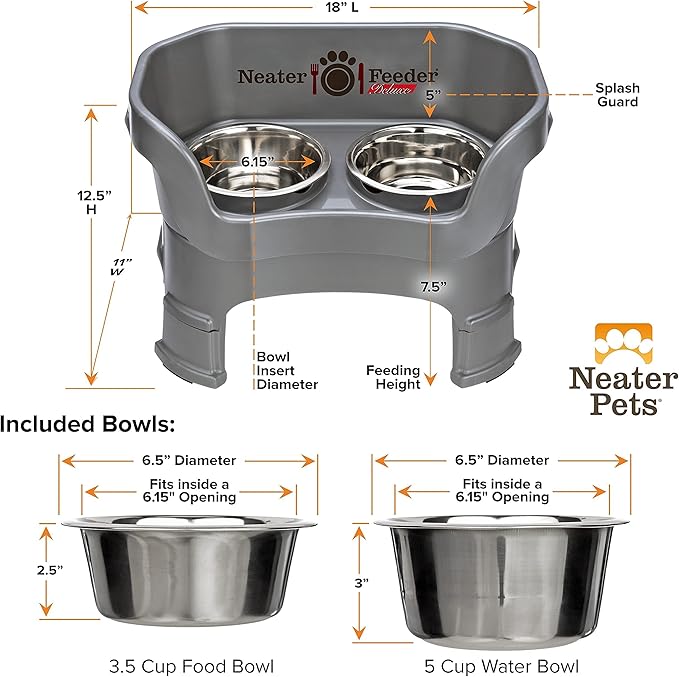 Neater Feeder Deluxe Medium Dog with Leg Extensions and Slow Feed Bowl, Gunmetal
