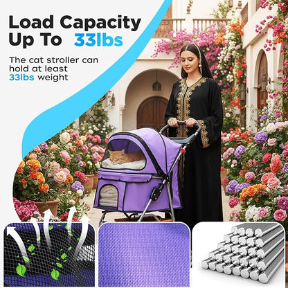 BestOffice Pet Stroller for Small Medium Dogs & Cats, 3-Wheel Foldable Dog Stroller with Cup Holder, Lightweight Travel Carrier, Waterproof Design for Outdoor Walks, Purple