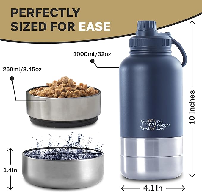 32oz 3-in-1 Portable Travel Water Bottle, Food & Hydration Bottle - Dual Use for Humans & Pets with Detachable Bowls, Stainless Steel, Keeps Water Hot for 6hrs & Cold for 12hrs