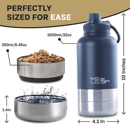 32oz 3-in-1 Portable Travel Water Bottle, Food & Hydration Bottle - Dual Use for Humans & Pets with Detachable Bowls, Stainless Steel, Keeps Water Hot for 6hrs & Cold for 12hrs