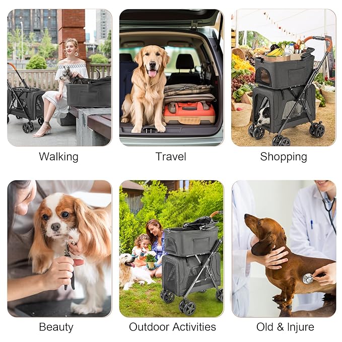 Double Pet Stroller with Detachable Carrier for Medium Small Dogs and Cats, Lightweight Dog Stroller Travel Carriage with No-Zip Canopy Storage Basket One-Click Folding and One-Foot Brake