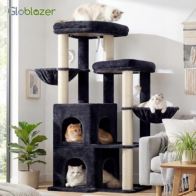 Globlazer Cat Tree Tower for Indoor Cats, Sturdy Adult Cat Tree House for Large Adult Cats with 2 Platform, 6 Cat Scratching Post, 2 Cat Caves, Dangling Toys, S63, 63 inch, Dark Grey