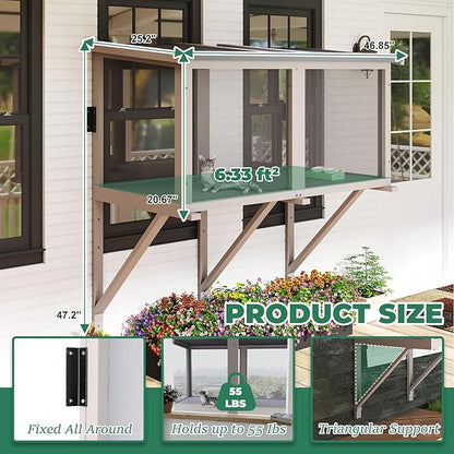 Catio Cat Window Box, Wooden Cat Catio for Indoor Cats, Window Enclosure for Sunbathing, Napping, Overlooking, Keeps Insects Out