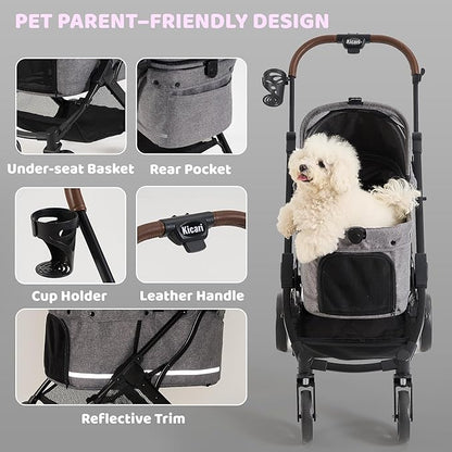 All-Terrain Dog Stroller for Small to Medium Dogs, Pet Stroller for Dogs & Cats Outdoor Walks, One-Hand Easy Fold, Double-Layer Anti-UV & Waterproof Canopy & Breathable Mesh, Charcoal Gray