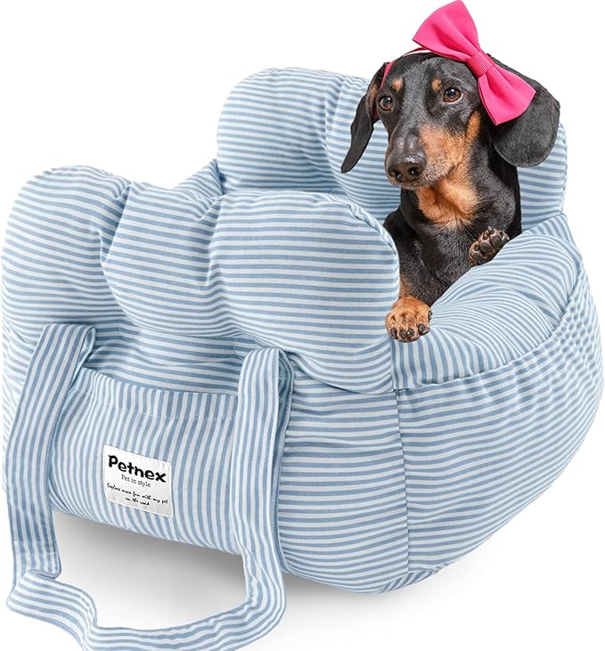 Dog Car Seat for Small Dogs, Portable Puppy Car Seat of Easy Installation, Fashionable Pet Carrier Bag with Large Pockets, Machine Washable Dog Booster Seat (Striped Blue)
