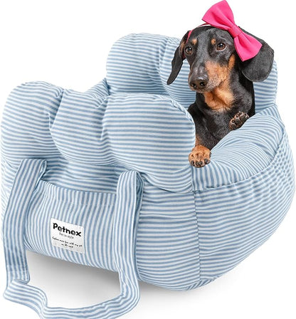 Dog Car Seat for Small Dogs, Portable Puppy Car Seat of Easy Installation, Fashionable Pet Carrier Bag with Large Pockets, Machine Washable Dog Booster Seat (Striped Blue)