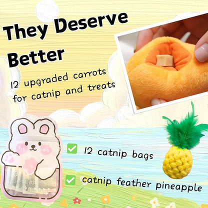 Carrot Catnip Toys, Interactive Feather Cat Toys for Indoor Cats, Cat Puzzle Toys for Boredom and Mental Stimulation, 12 Squeaky Carrots with Treat Pockets and 12 Catnip Tea Bags