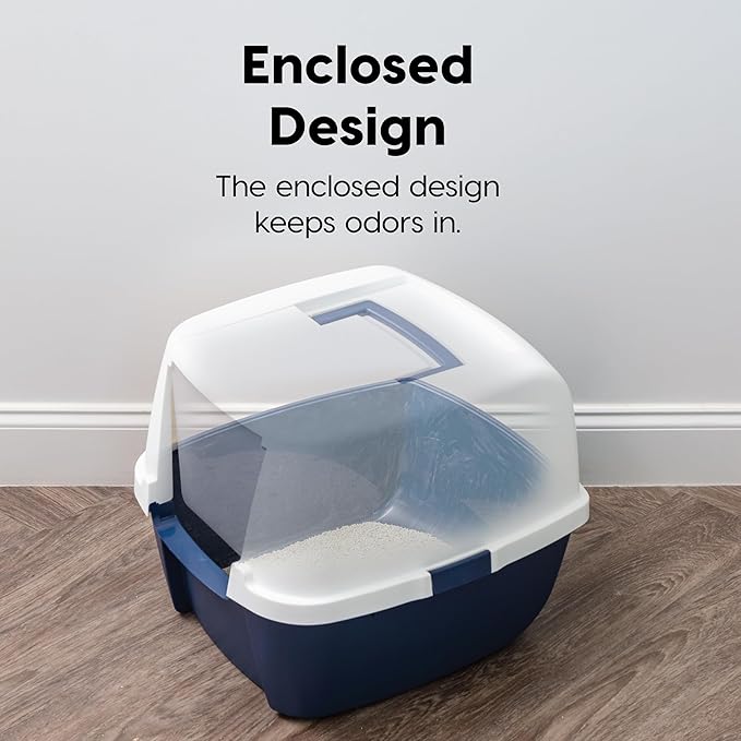 IRIS USA Large Cat Litter Box with Front Door Flap, Covered Enclosed Litter Box Enclosure with Scoop, Handle & Buckles for Portability & Privacy, Hidden Litter Pan, Navy/White