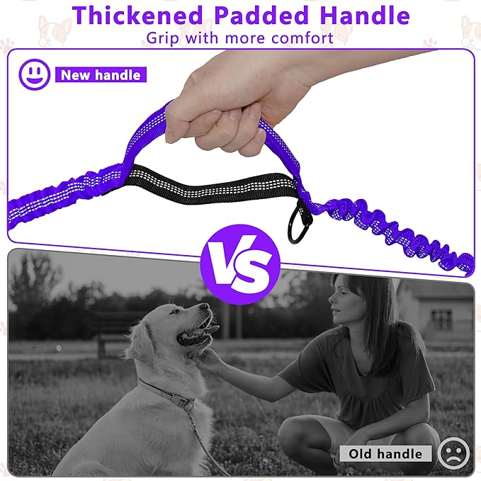 Hands Free Dog Leash with Zipper Pouch, Running Waist Leash for Dog Walking, Adjustable Waist Belt for Large Dogs, Reflective Bungee Design with Two Handle for Hiking, Training, Purple
