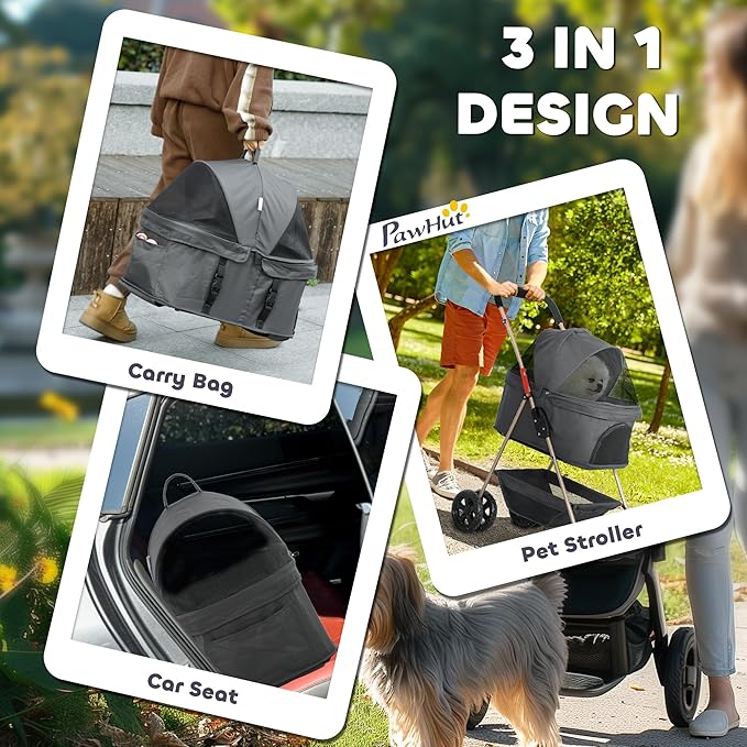 PawHut 3 in 1 Dog Stroller with Detachable Carrier, Lightweight Folding Pet Stroller with 4 Wheels, Storage Basket, Cupholder, Washable Pads for Puppy & Kittens, Gray
