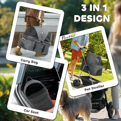 PawHut 3 in 1 Dog Stroller with Detachable Carrier, Lightweight Folding Pet Stroller with 4 Wheels, Storage Basket, Cupholder, Washable Pads for Puppy & Kittens, Gray