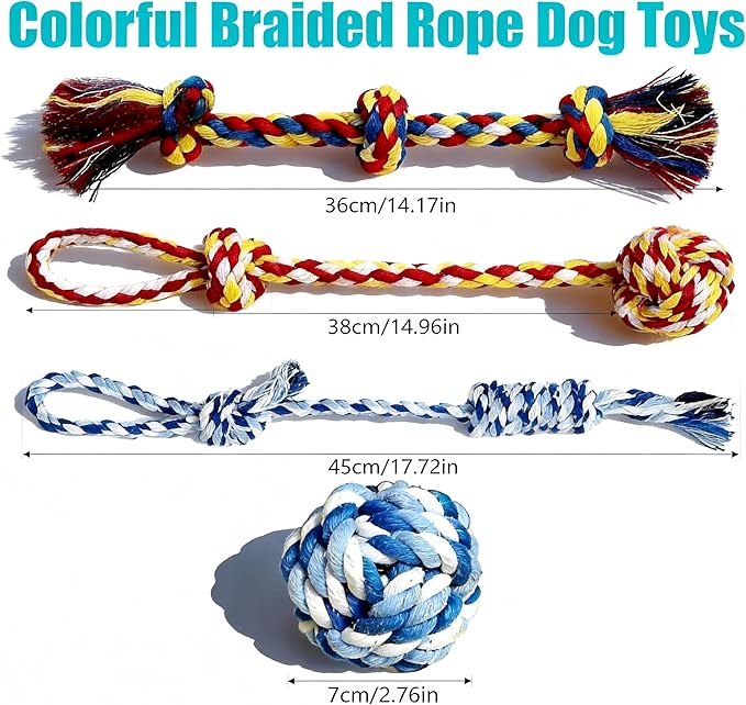 4-Pack Cotton Rope Dog Toys, Puppy Teething Chews for Small-Medium Breeds, Durable Tug-of-War & Fetch Toys for Indoor/Outdoor Play, Aggressive Chewers, Boredom Relief, Teeth Clean