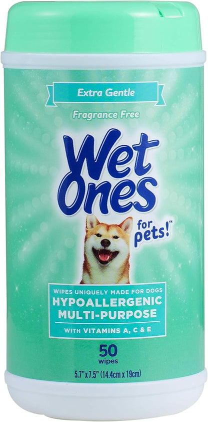 Wet Ones for Pets Hypoallergenic Multipurpose Dog Wipes with Vitamins A, C & E - No Fragrance Pet Wipes for Dogs in Canister, 50 Count