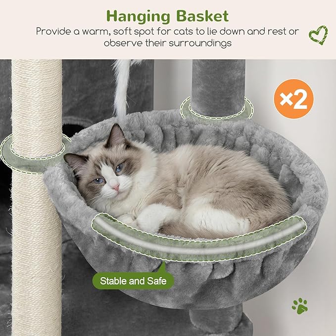 Globlazer Cat Tree Tower for Indoor Cats, Sturdy Adult Cat Tree House for Large Adult Cats with 2 Platform, 6 Cat Scratching Post, 2 Cat Caves, Dangling Toys, S63, 63 inch, Light Grey