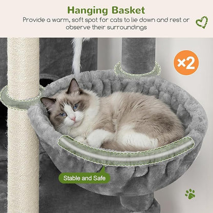 Globlazer Cat Tree Tower for Indoor Cats, Sturdy Adult Cat Tree House for Large Adult Cats with 2 Platform, 6 Cat Scratching Post, 2 Cat Caves, Dangling Toys, S63, 63 inch, Light Grey