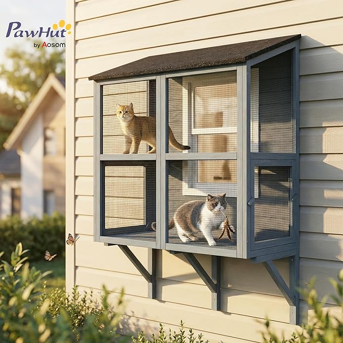 PawHut Cat Catio, Expandable Window Box Enclosure for Multiple Indoor Cats, Comfortable Wooden Pet Perch House, All Weather Use, with 2 Doors, for Sunbathing, Napping, Overlooking, 39" L