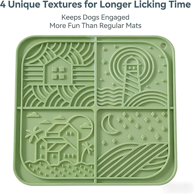 Dog Lick Mat with Suction Cups, 4-Texture Enrichment Slow Feeder for Dogs & Cats, Non-Slip Silicone Licking Pad for Anxiety Relief, Bathing & Training (Green)