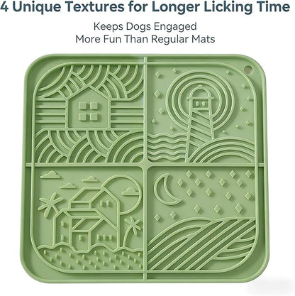 Dog Lick Mat with Suction Cups, 4-Texture Enrichment Slow Feeder for Dogs & Cats, Non-Slip Silicone Licking Pad for Anxiety Relief, Bathing & Training (Green)