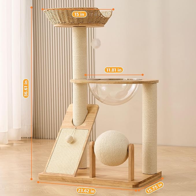 HITTITE Solid Wood Cat Tree Tower with Scratching Post, 36.6 Inches Tall Cat Towers with Scratching Board and Scratcher Ball, Modern Cat Tower With Space Capsule and Hand-Woven Basket for Indoor Cats.