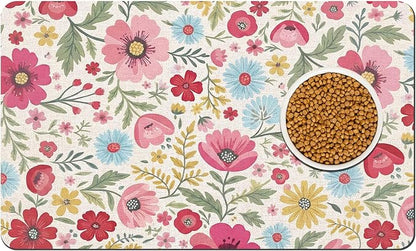 Pet Dog Cat Food Mat, Absorbent Quick Dry Dog Bowl Mats for Food and Water, Non Slip Boho Floral Dogs Cat Placemats Feeding Mat for Floors Indoor Puppy Pet Accessories Supplies 16 * 24 inch