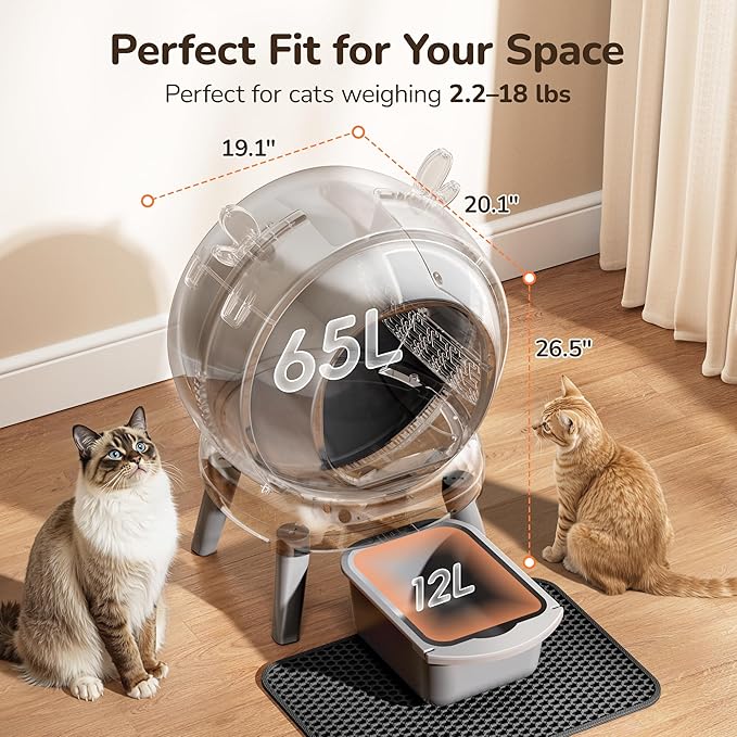 Automatic Self Cleaning Litter Box, Cat Litter Box with APP Control, 65L Globe & Dual Safety Sensors, Robot Litter Box, 1 Roll Garbage Bags and Litter Mat, <35DB, for Multiple Cats, Grey