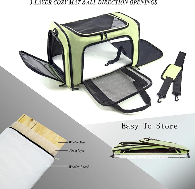 Soft Sided Carrier for Small Medium Cats Dogs ,Removable Pad Collapsible Travel Pet Carrier Large Green