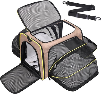 Premium Pet Carrier – Dog & Cat Travel Bag, Airline Approved, Soft-Sided Design for Small to Large Pets, TSA Compliant, Expandable & Collapsible (Brown)