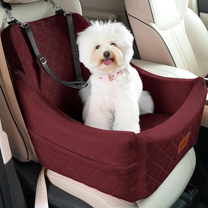 WOOAIDAGG Dog Car Seat for Medium Sized Dogs Up to 40lbs,Comfy Pet Travel Car Bed with Seat Belt Channle,Fully Detachable and Washable,Adjustable Straps,2 Side Pockets,Easy to Install (Red)