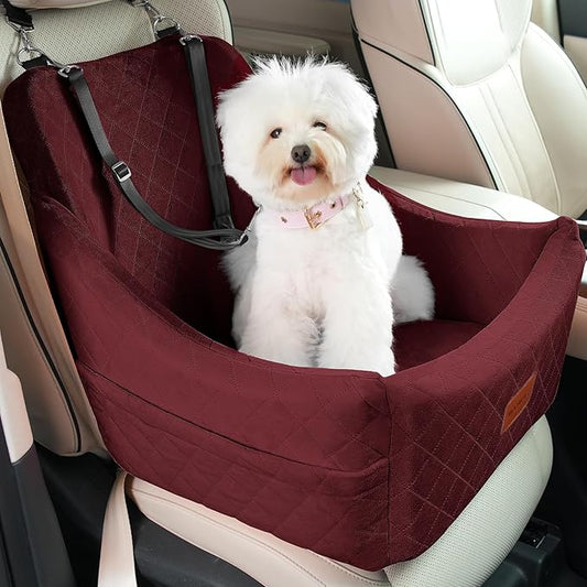 WOOAIDAGG Dog Car Seat for Medium Sized Dogs Up to 40lbs,Comfy Pet Travel Car Bed with Seat Belt Channle,Fully Detachable and Washable,Adjustable Straps,2 Side Pockets,Easy to Install (Red)