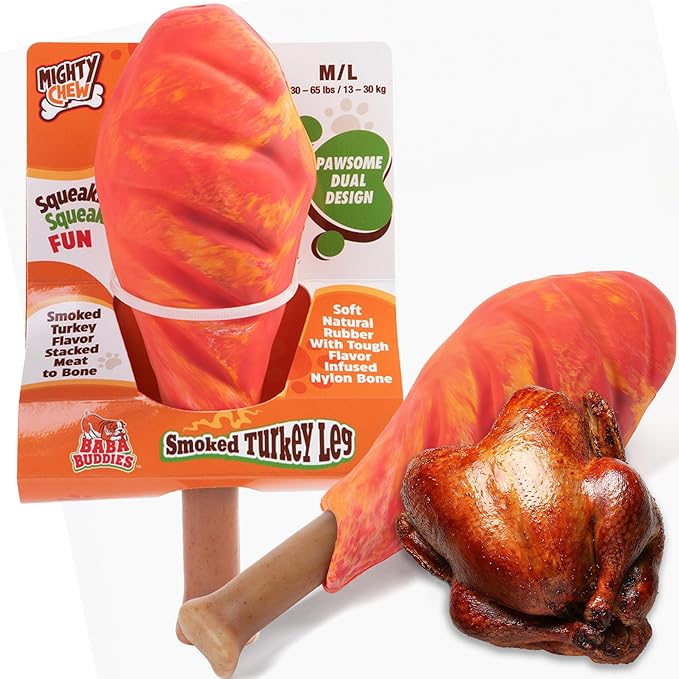 Smoked Turkey Leg Dog Chew Toy, Natural Rubber and Nylon, Medium, with Squeaker, for Dental Hygiene