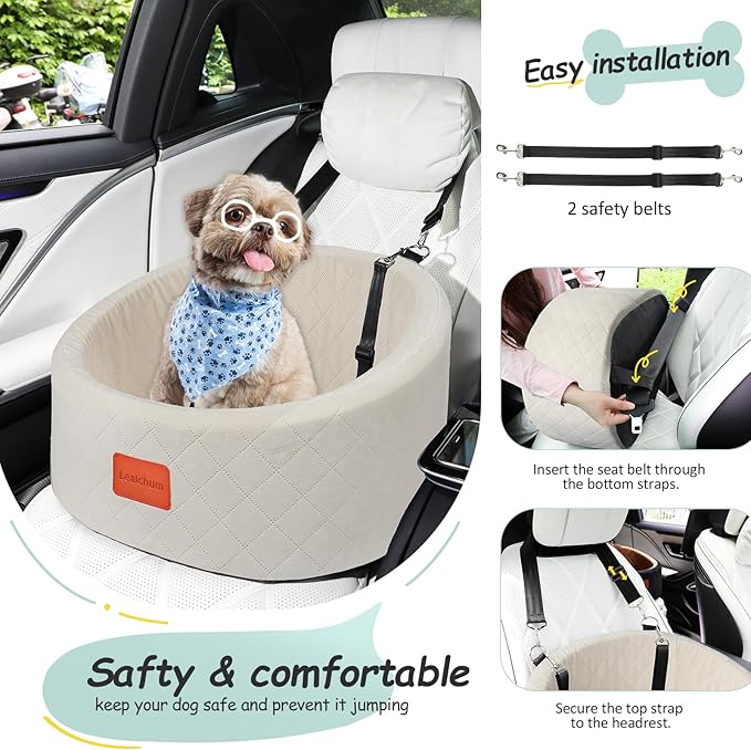 Lealchum Dog Car Seat for Small Dogs Up to 30 Lbs,Ultra Soft Fabric Fill in Comfy Memory Foam,Happy Pet Ride,2 Safety Dog Leashes,Fully Detachable and Washable,Anti Slip Base(Beige)