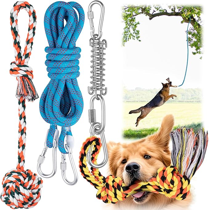 YES4QUALITY Dog Outdoor Bungee Hanging Toy, Blue Interactive Tree Tug Toy Rope w/Metal Spring Kit & 2 Rope Toys, Heavy-Duty Exercise Equipment for Medium & Large Dogs, Tether Tug of War Dog Toys