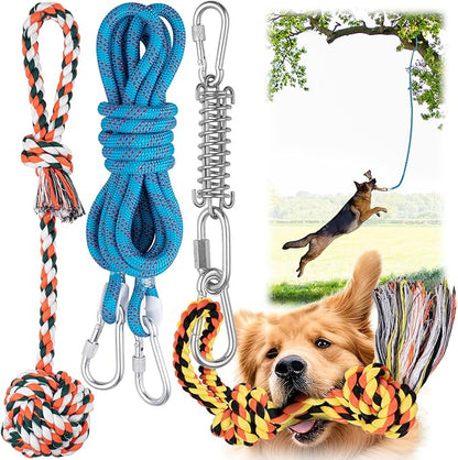 YES4QUALITY Dog Outdoor Bungee Hanging Toy, Blue Interactive Tree Tug Toy Rope w/Metal Spring Kit & 2 Rope Toys, Heavy-Duty Exercise Equipment for Medium & Large Dogs, Tether Tug of War Dog Toys