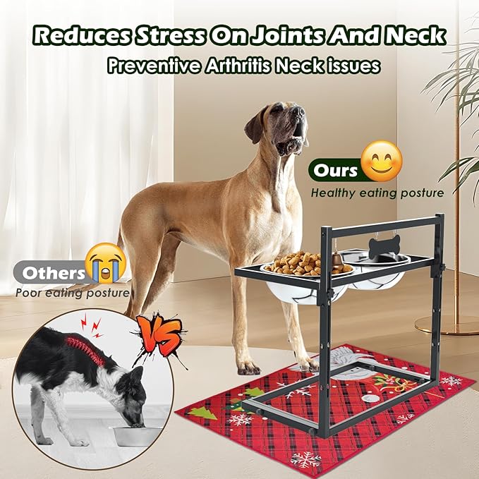 SHAINFUN Christmas Elevated Dog Bowls for Large Breeds with Mat, Adjustable Height, Tall Raised Dog Food Water Bowl Stand Gift for Dogs