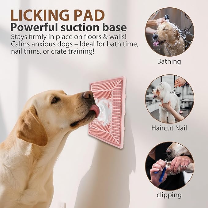 Lick Mat for Dogs and Cats, Slow Feeder Mats with Suction Cups - Bathing, Grooming and Training, Anxiety Relief Feeding Pad,Dishwasher-Safe Pink