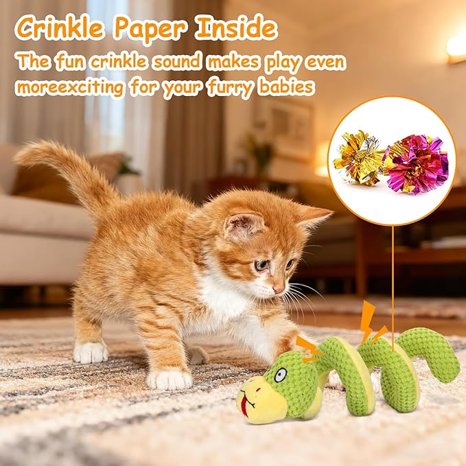 Retro Shaw 14" Large Crinkle Snake Cat Toy, Catnip & Silvervine Infused, Durable Chew Resistant Plush for Aggressive Chewers, Realistic Stuff Snake Interactive Kicker Toy for Large Indoor Cats