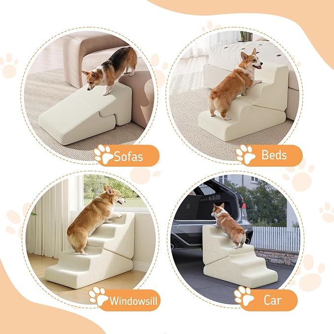 Dog Ramp for Bed, 20" H Dog Stairs for High Bed, 2 in 1 Pet Steps for Small Dogs, 4-Step Foldable Transformable Large Cats Ramp to Get on Couch, Non-Slip Balanced, Beige