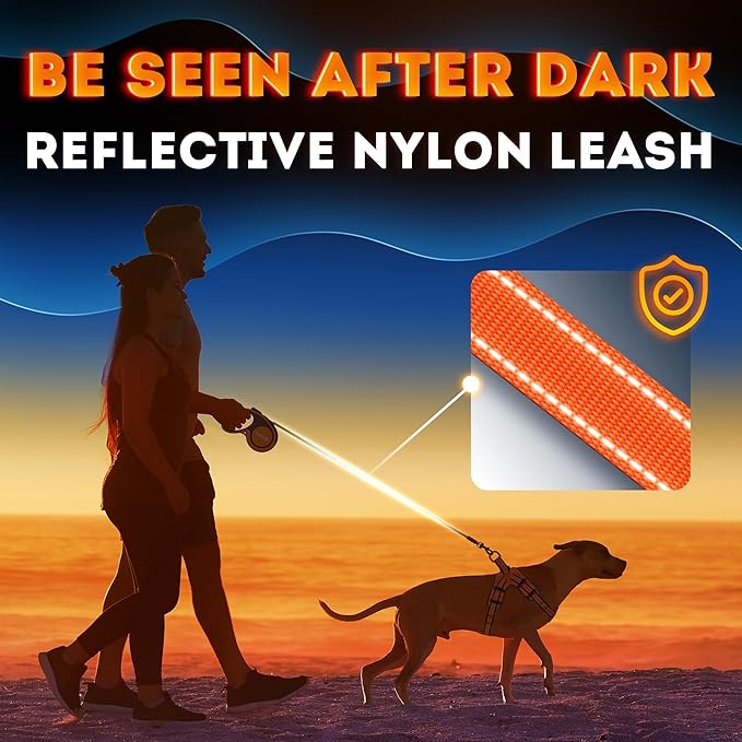 Retractable Dog Leash 18.2 ft – Chew Proof Cable Included – 360° Tangle-Free Design – Heavy Duty Reflective Leash – Soft Anti-Slip Grip Outdoor Daily for Small & Medium Dogs up to 50 lbs (Orange)